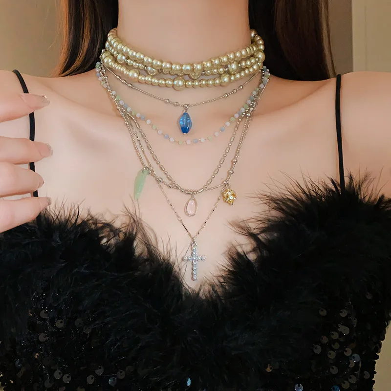 Multi-layer Irregular Pearl Crystal Cross Pendant Necklace,Two-piece Set Ethnic Style Choker Vintage Collar