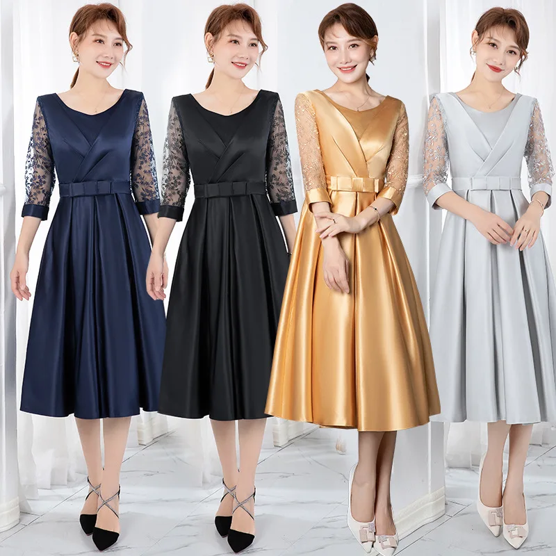 Gold Mother Of The Bride Dresses Tea Length Plus Size Mother Formal Party Gown With Sleeves