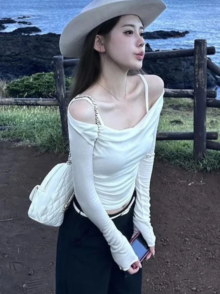 女性 Tシャツセクシーなスラッシュネックオフショルダースリム秋のファッションクロップトップス固体 Y2k 女性ストレッチカジュアル Tシャツ