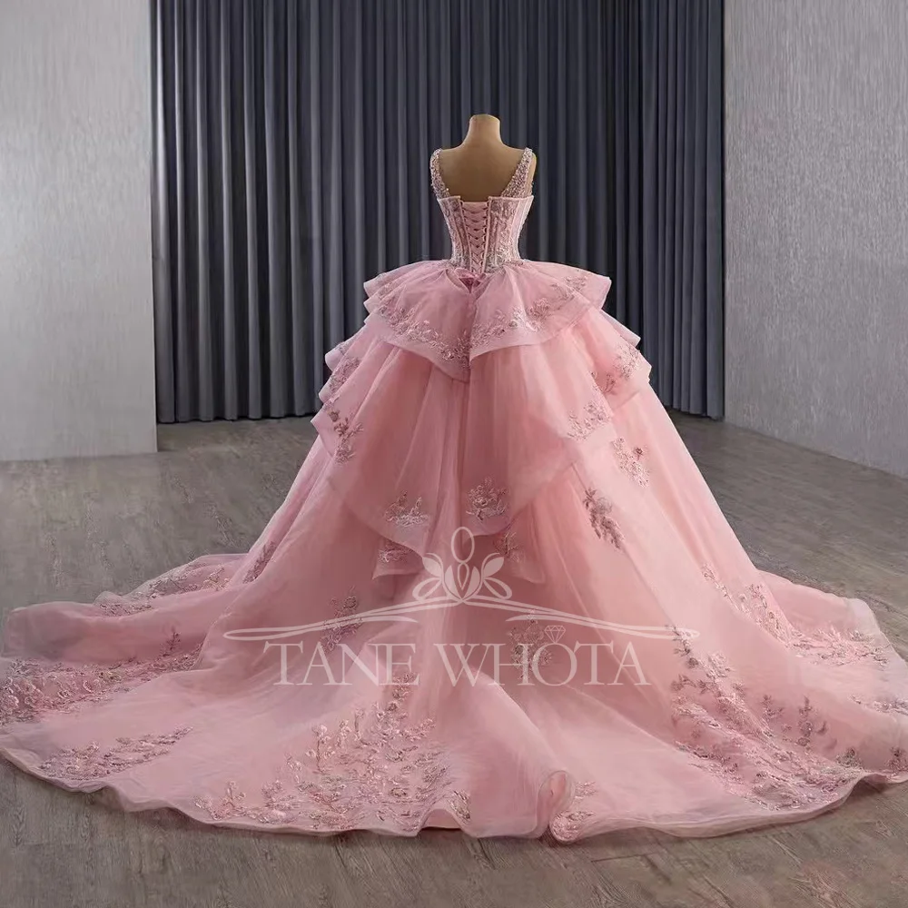 Abito da ballo rosa personalizzabile Giacca staccabile Spalline con lacci sul retro Perline Abito da donna per occasioni speciali Quinceanera