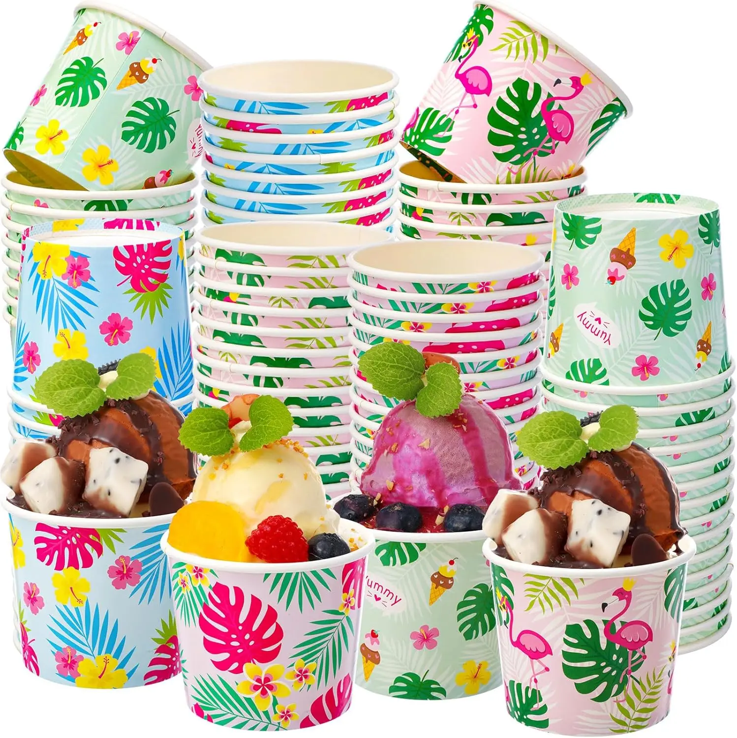 

100 Pcs Hawaiian Ice Cream Cups Flamingo Ice Cream Bowls Bulk Paper Disposable Tropical Dessert Treat Bowls Snack Cups f
