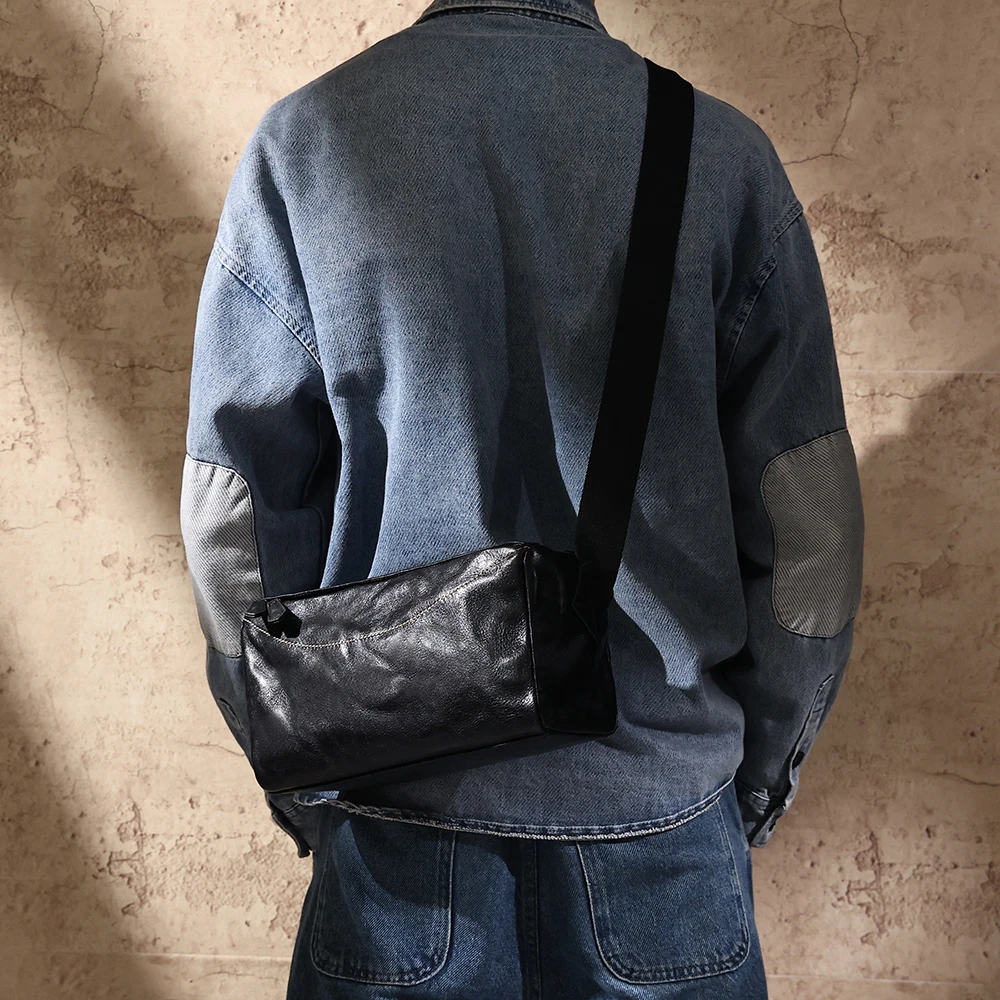 Sac à bandoulière en cuir véritable pour homme, cuir tanné végétal, fonctionnel, décontracté, rétro, initié, sport