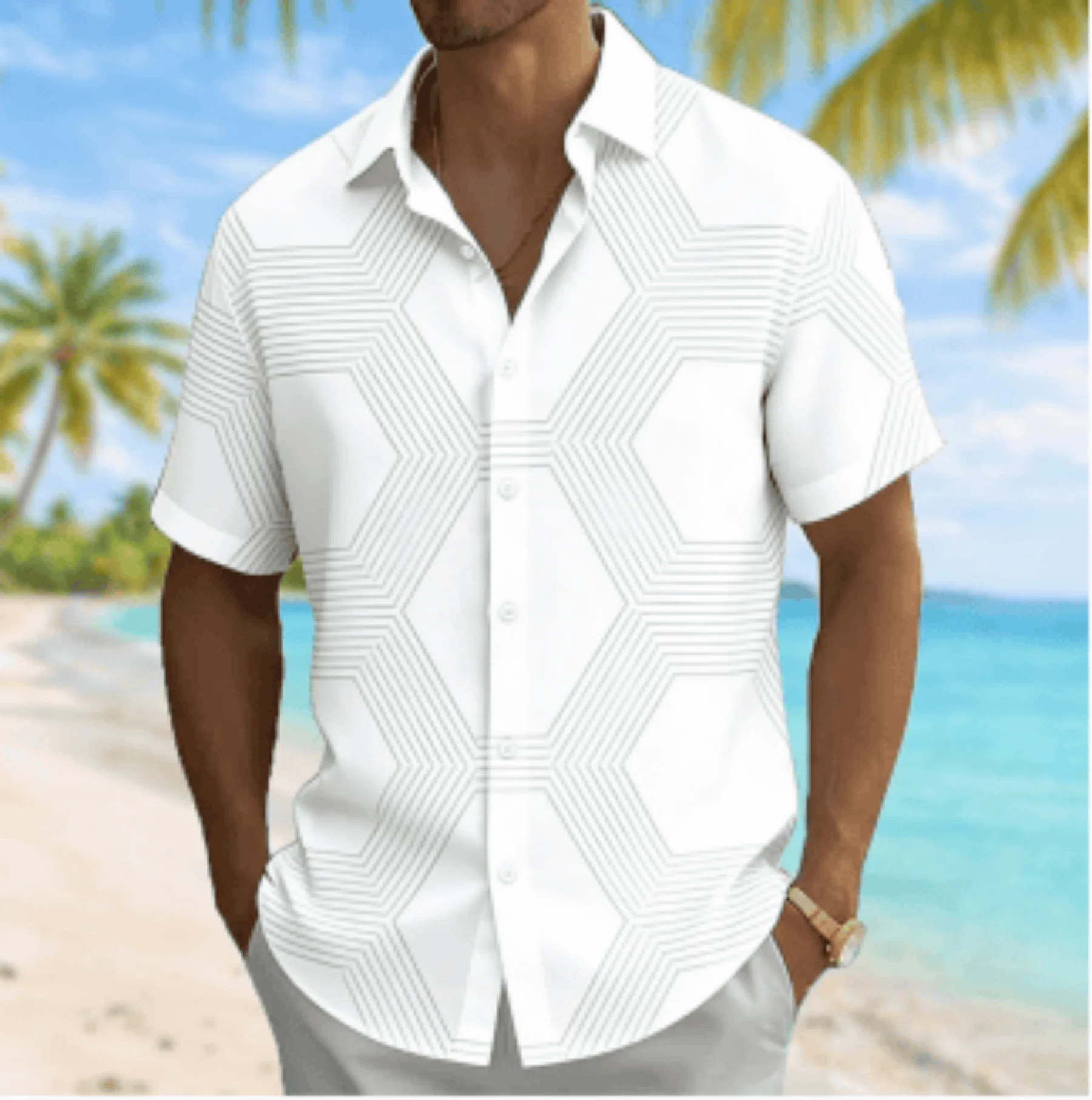 

Men's Geometric Line Print Short Sleeve Shirt, Spring Summer Casual Commute Turn-Down Collar Blouse, Loose Fit Top
