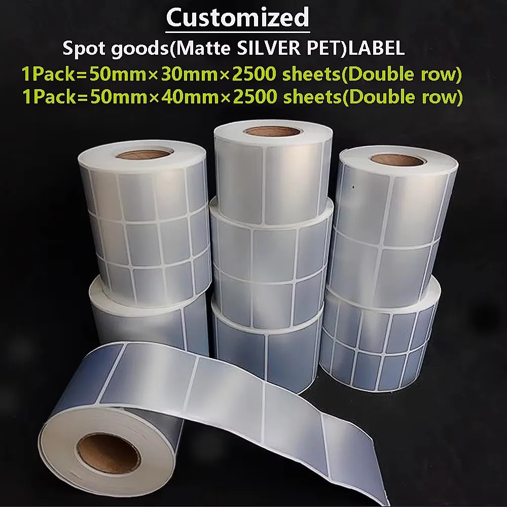 

Индивидуальные этикетки из ПЭТ 50мм*30мм 50мм*40мм, 2500 шт., серебристые самоклеящиеся стикеры для принтеров штрих-кодов