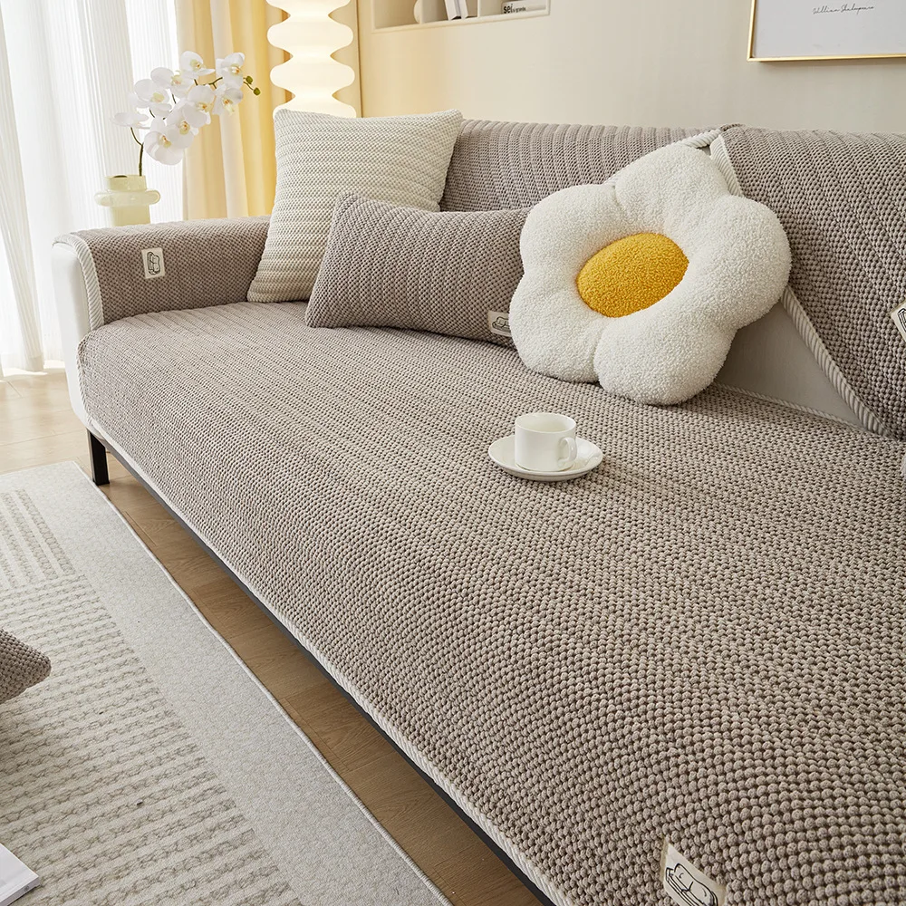 1PC Woven Cotton Linen Couch Seat Covers with Backrest All Seasons Universal Non-slip Sofa Towel Solid Color Seat Pad Home Decor