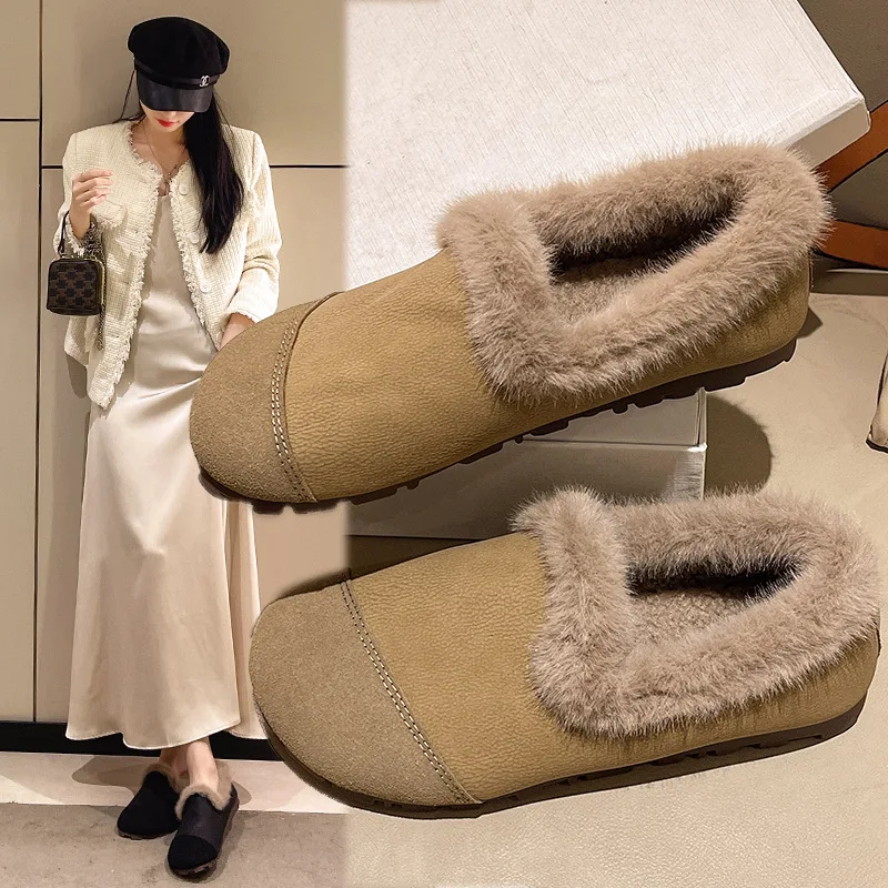 

Shoes Woman 2024 Round Toe Loafers With Fur Casual Female Sneakers Soft Mixed Colors Modis Slip-on New Retro Winter Cute Slip On