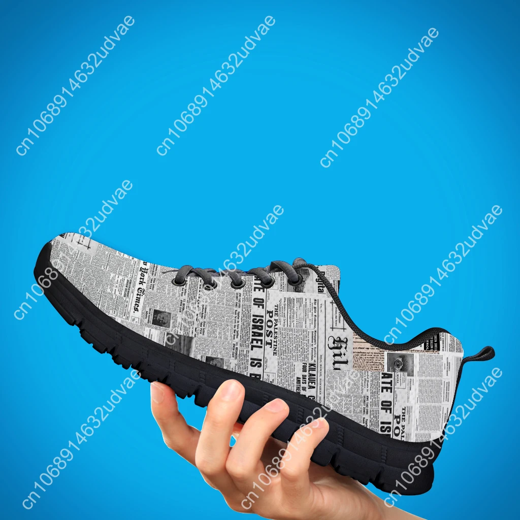 Vintage Newspaper Printing Lace up Casual Sneaker for Women Fashion Light Walk Flat Shoe Breathable Mesh Footwear