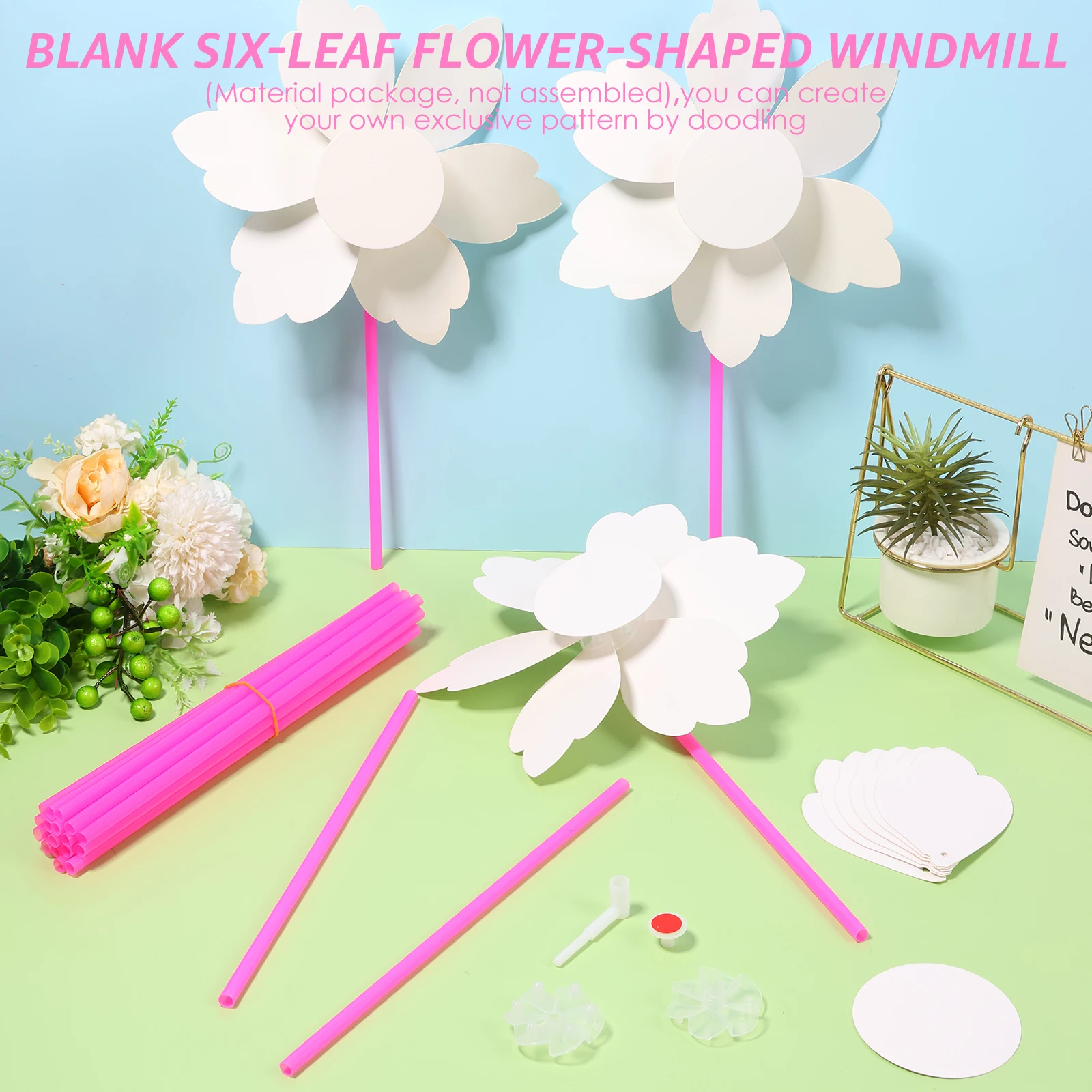 20/100Pcs DIY Pinwheels Craft White Blank Paper Pinwheel Craft Kit Color Your Own for Summer Activities School Daycare Graffiti view 3