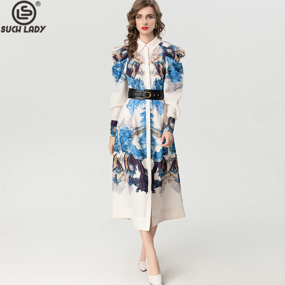 

Women's Dresses Turn Down Collar Long Puff Sleeves Printed Single Breasted Elegant Fashion Casual Vestidos