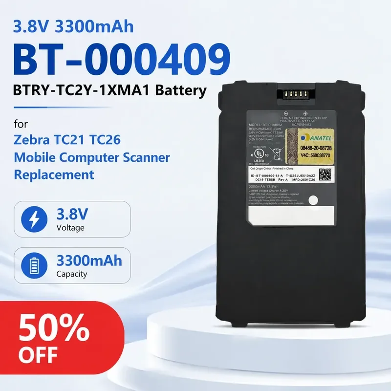 3.8V 3300mAh BT-000409 BTRY-TC2Y-1XMA1 Battery for Zebra TC21 TC26 Mobile Computer Scanner Replacement