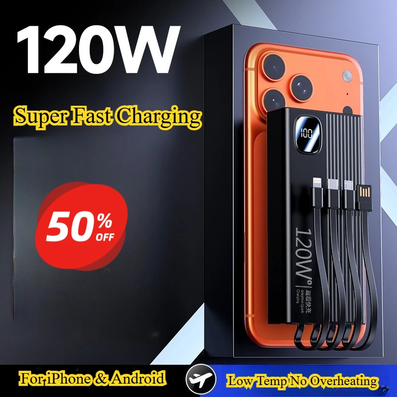 Super Fast Charging Real 20000mAh Hot Sale Power Bank Large Capacity Built-in 4 Cables Compatible with All Phones
