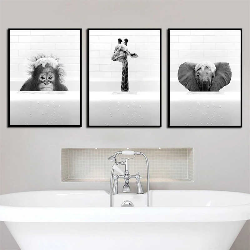 New Arrival Black White Animals In Tub Bathroom Wall Art Canvas Painting Posters and Prints Wall Pictur for Room Decor One Piece