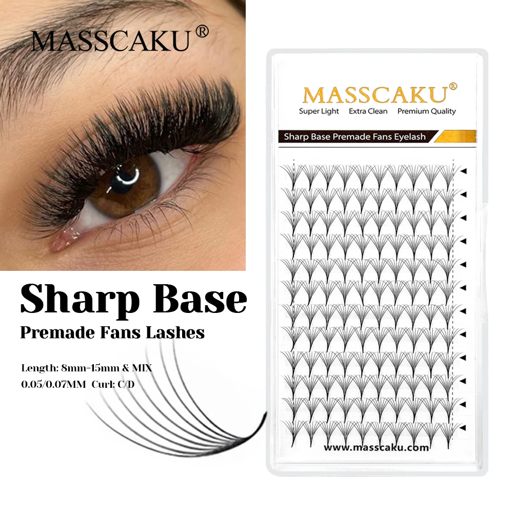 Wholesale MASSCAKU 8-15mm and Mix Size 10D Sharp Narrow Stem Eyelashes Ribbon Premade Fans Makeup Lash without Scattering Roots