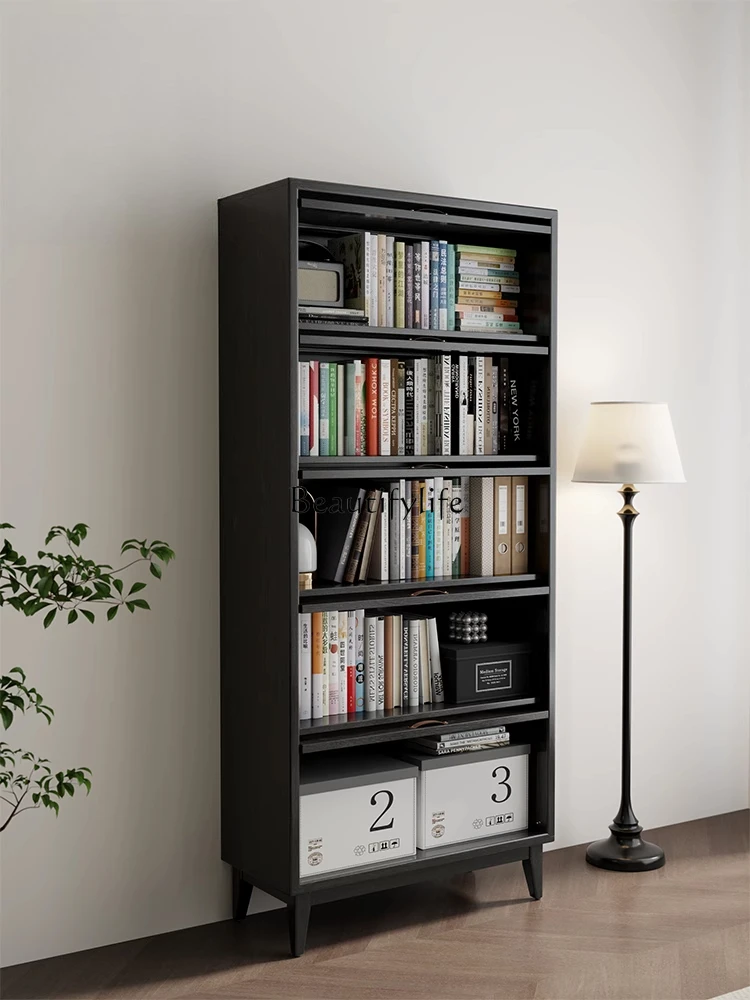 

Solid wood black display cabinet, dust rack with door Nordic floor-to-ceiling living room cabinet