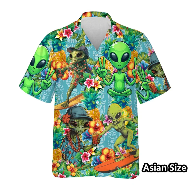 

Fashion 3D Printed Alien Hawaiian Shirt Men Summer Button Short Sleeves UFO Graphic Shirts Women Tops Beach Lapel Blouses