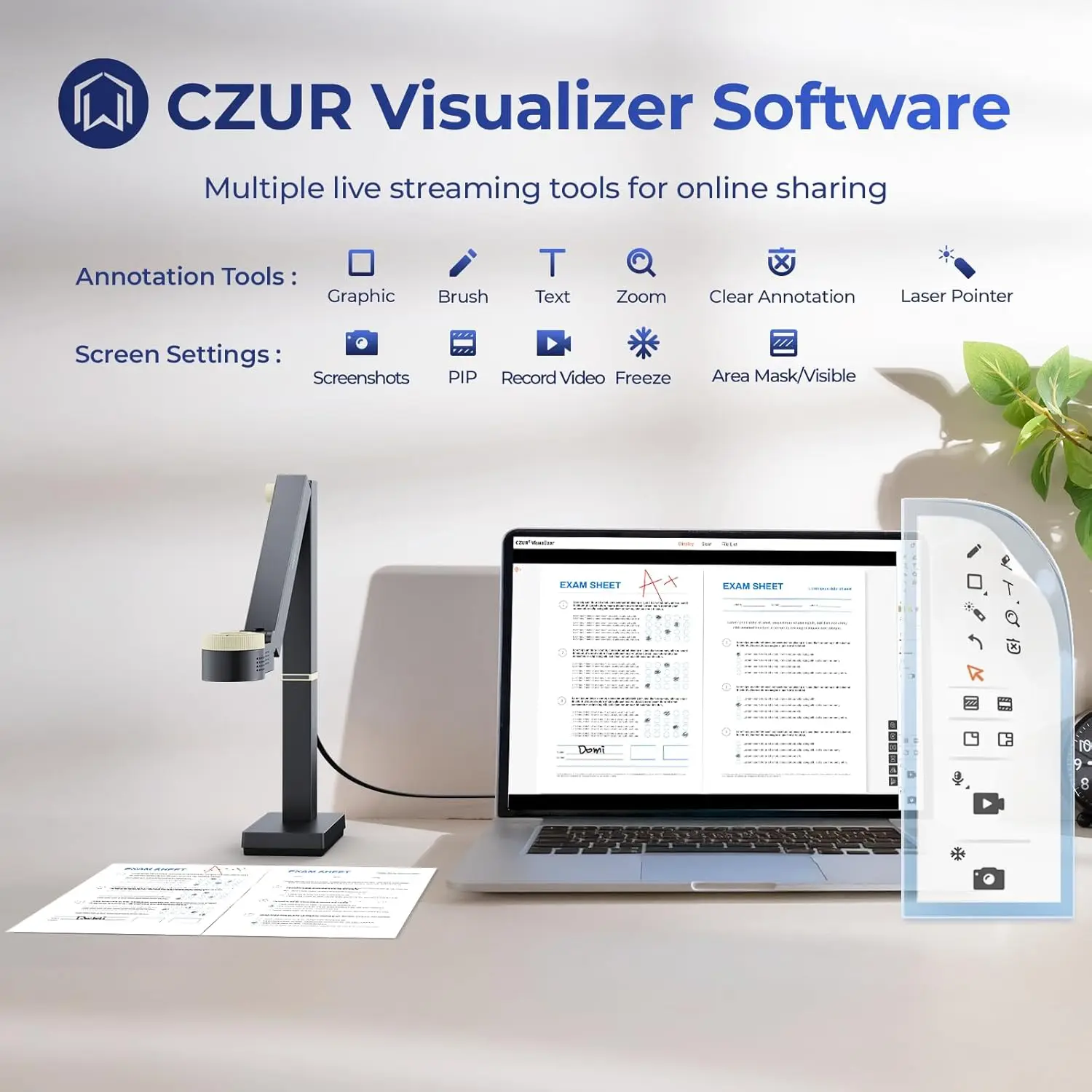 CZUR Fancy S Pro 12MP USB Document Camera for Teacher 4K Webcam with Microphone and LED Light, Up to 60fps Auto Focus for Remote