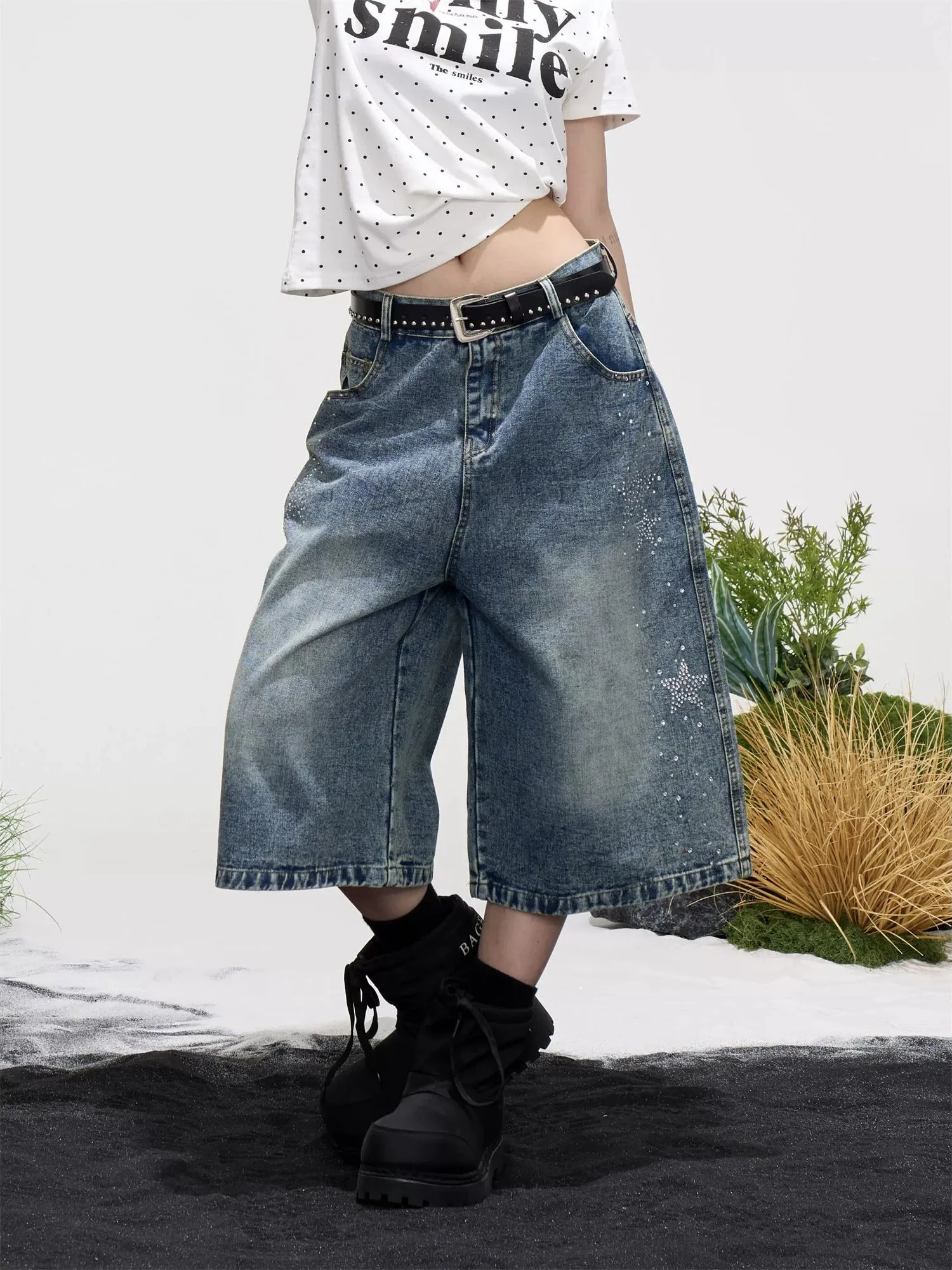 Calças Jeans Femininas Americanas Retrô com Strass, Perna Larga, Comprimento Sete Oitavos, Verão, Soltas, Efeito Emagrecedor,...