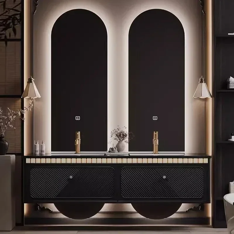 Light luxury hotel style double basin bathroom cabinet combination French rock slab wash basin bathroom cabinet toilet washstand