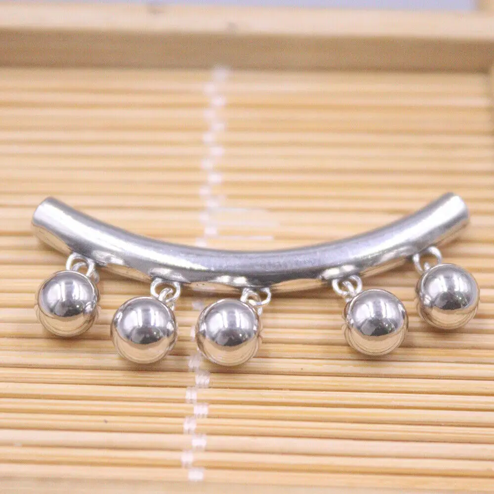 Real 925 Sterling Silver Long Tube With Bell Charms Pendant 40mm L New Arrival