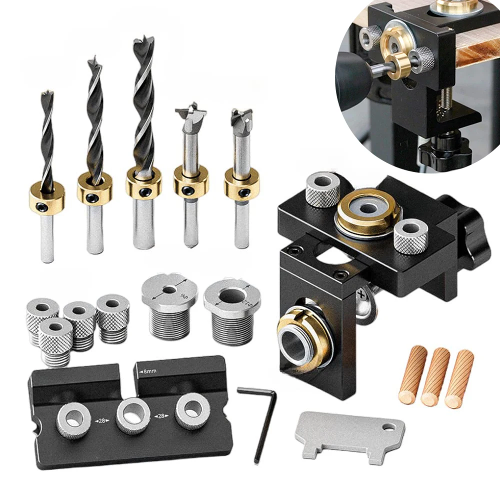 3 In 1 Pocket Hole Jig Kit, 3 Holes Woodworking Doweling Jig Set, Adjustable Positioning Punch Cabinet Hole Drill Guide Tools