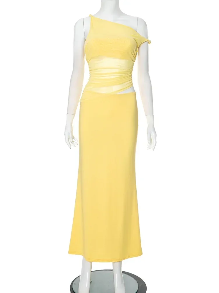 Chaxiaoa Diagonale Kraag Backless Sexy Maxi Jurk Vrouwen Jurk Zomer Nieuwe Mouwloze Sheer Mesh Hol Elegante Lange Jurk