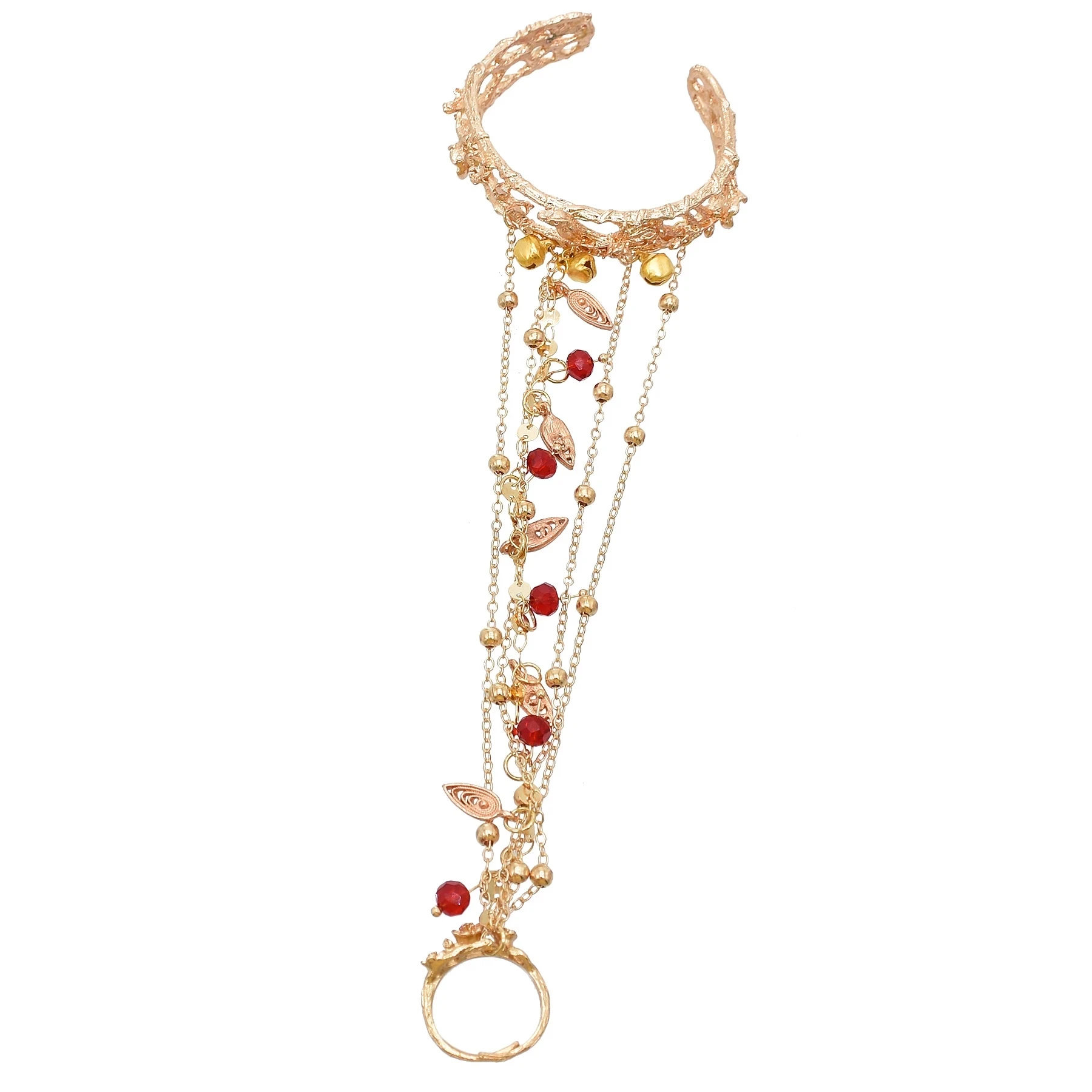 India Belly Dance Open Ring Cuff Bracelet for Women Red Crystal Beads Bell Long Chains Bangles On Hand Jewelry Accessories Gifts