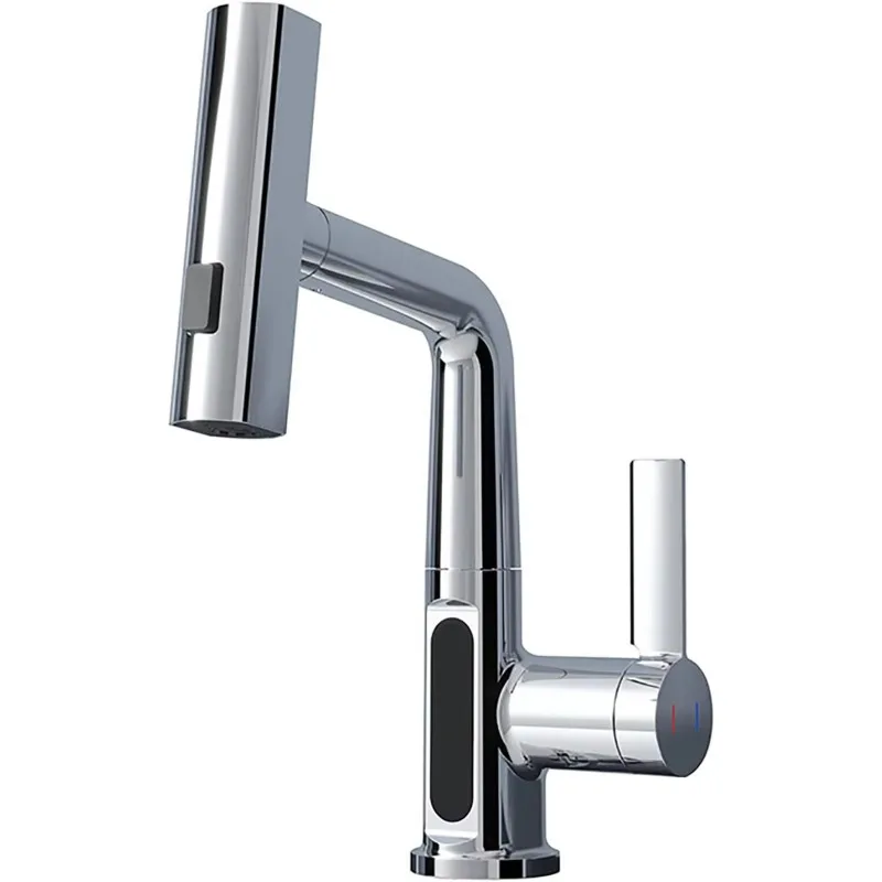 

Modern Multifunction Pull Down Basin Faucet Two Spray Mode Chrome Finish Ceramic Valve Core For Home Apartment