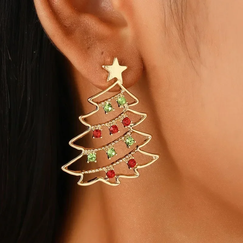 Christmas Colored Zircon Christmas Tree Simple and Fashionable Women\'s Earrings Creative Jewelry Holiday Gift