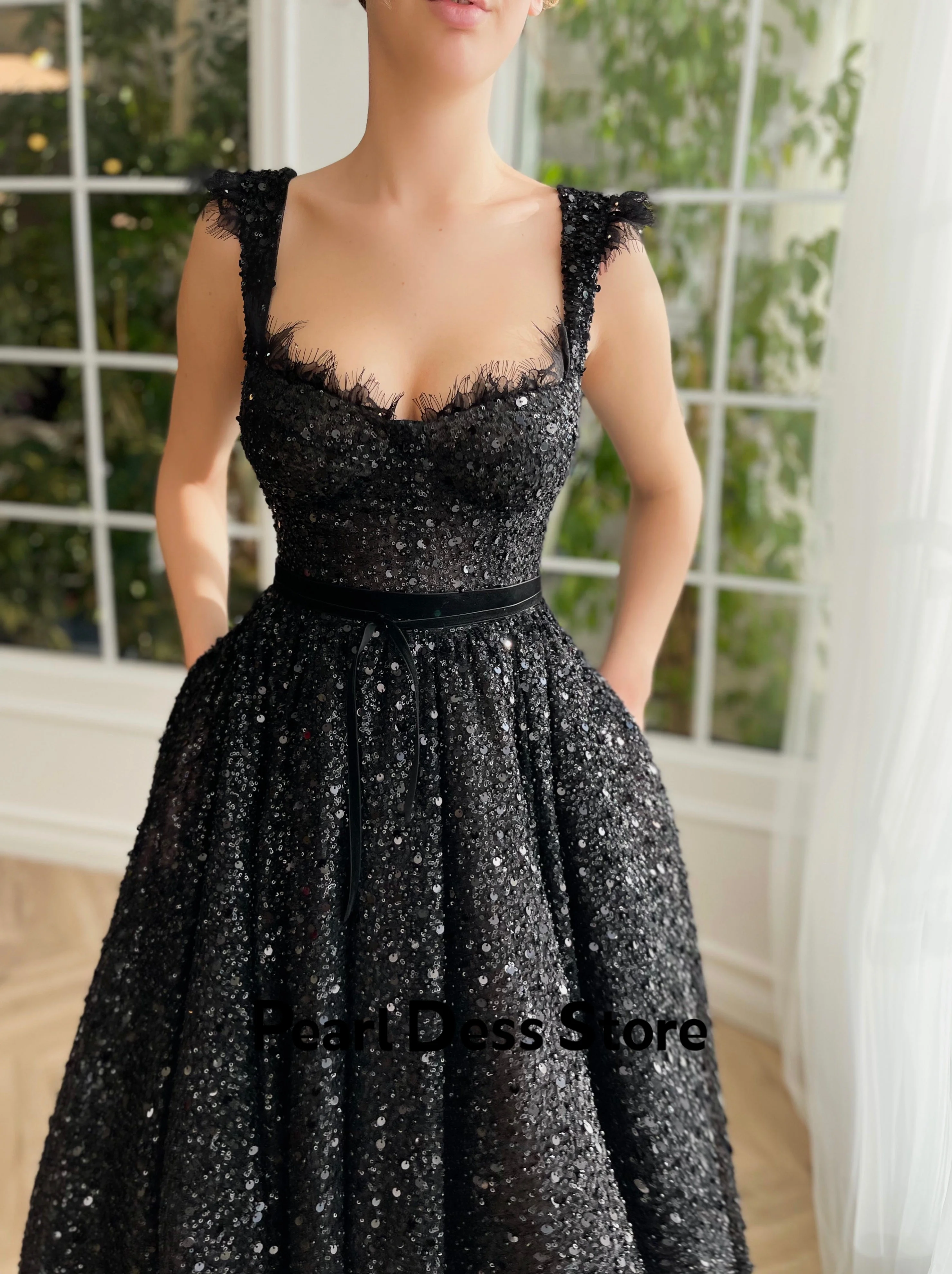 Pearl Evening Dress Dresses for Formal Occasions Black Gala Dresses Woman 2024 for Party Beaded Lace Sleeveless Square Collar