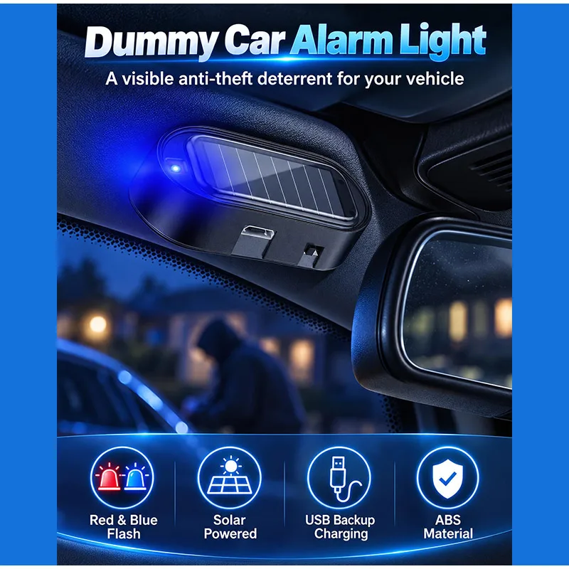 2pcs Fake Car Alarm Lights Solar Power LED Simulated Anti-theft Warning Light Car Interior Sensor Light Security Signal Red/blue