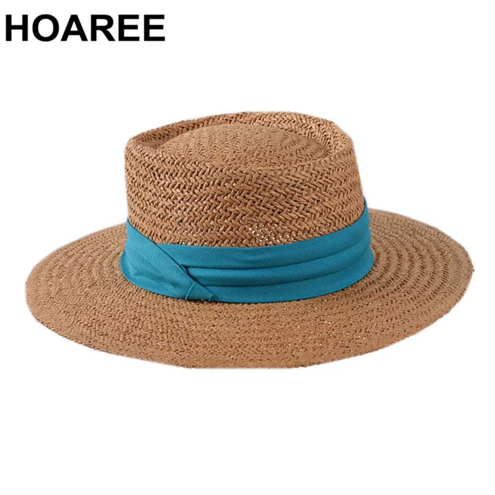 HOAREE Porkpie Straw Hat Women Summer Sun Hats for Women Designer Brand Korean Retro Flat Brim Cap Ladies Beach Panama Hat