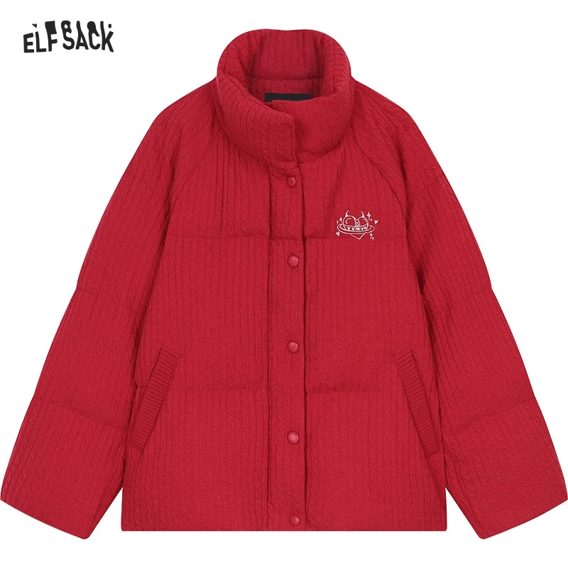 ELFSACK 2024 Winter New Arrivals Grey Stand Collar Knitted Warm Short Down Jacket for Women