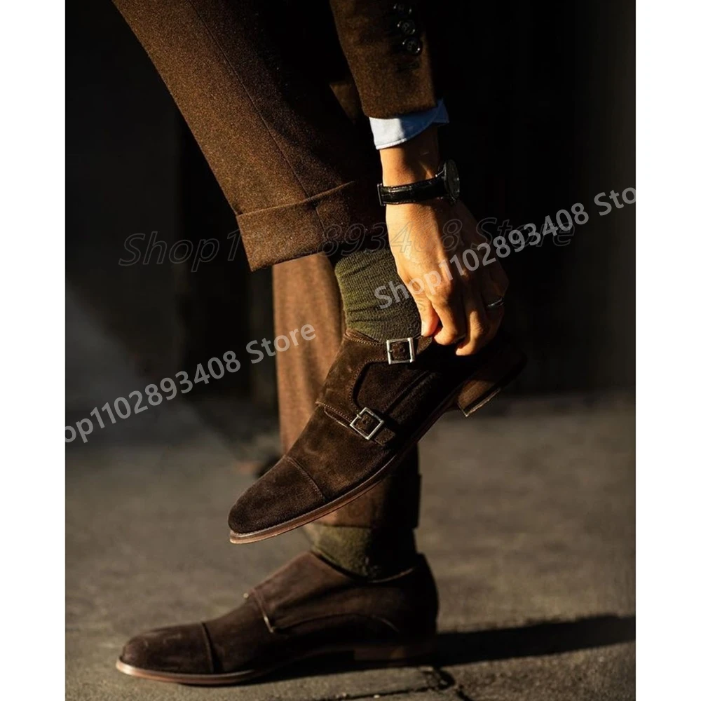 Solid Suede Buckle Belts Decor Men Dress Shoes Business Flat with Shallow Gentleman Party Casual 2024 Autumn Zapatillas Mujer