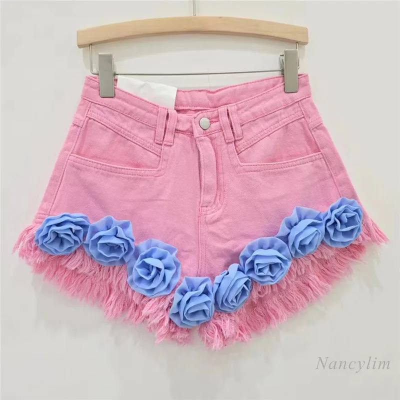 Pink Flower Tassel Denim Shorts Women 2024 Summer Niche Fried Street Slimming Hot Girl A- Line Wide Leg Hot Pants