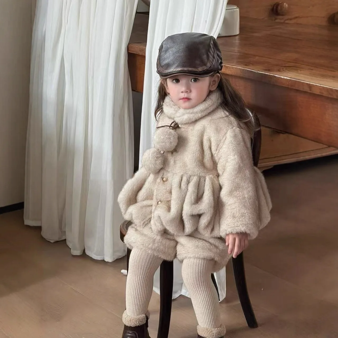 

Toddler Girls Fluffy Two-piece Set Winter Furry Ball Decoration Thicken Warm Kids Girls Parkas+elastic Waist Little Girls Pant