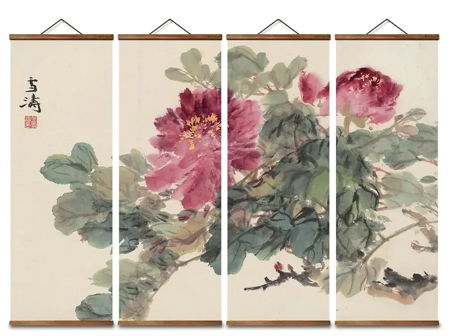 

MT0923 Chinese Style National flower peony, Canvas Living Room Wall Art Posters, Chinese Solid Wood Scroll Paintings