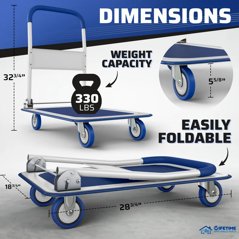 Custom.Heavy Duty Foldable Large Capacity Moving Cart with Swivel Handle, 330/660 lbs Capacity, Space Saving, Blue/White/Black/Y