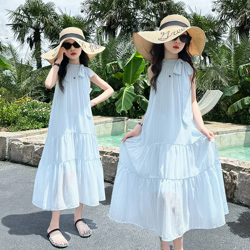 

Girls' Summer Halter Neck Dress New Fashionable French Cake Dress for Older Children Sleeveless Fairy Beach Dress Trendy