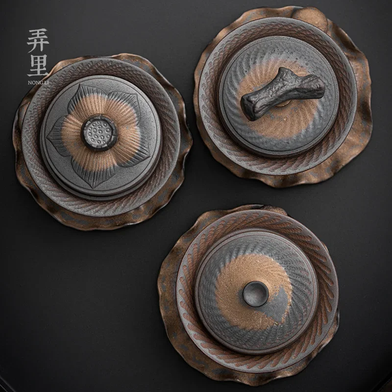 Gilding Stoneware Gaiwan Antique Iron Glaze Tea Brewing Bowl Kung Fu Retro Large Household Tea Ware Tea Maker