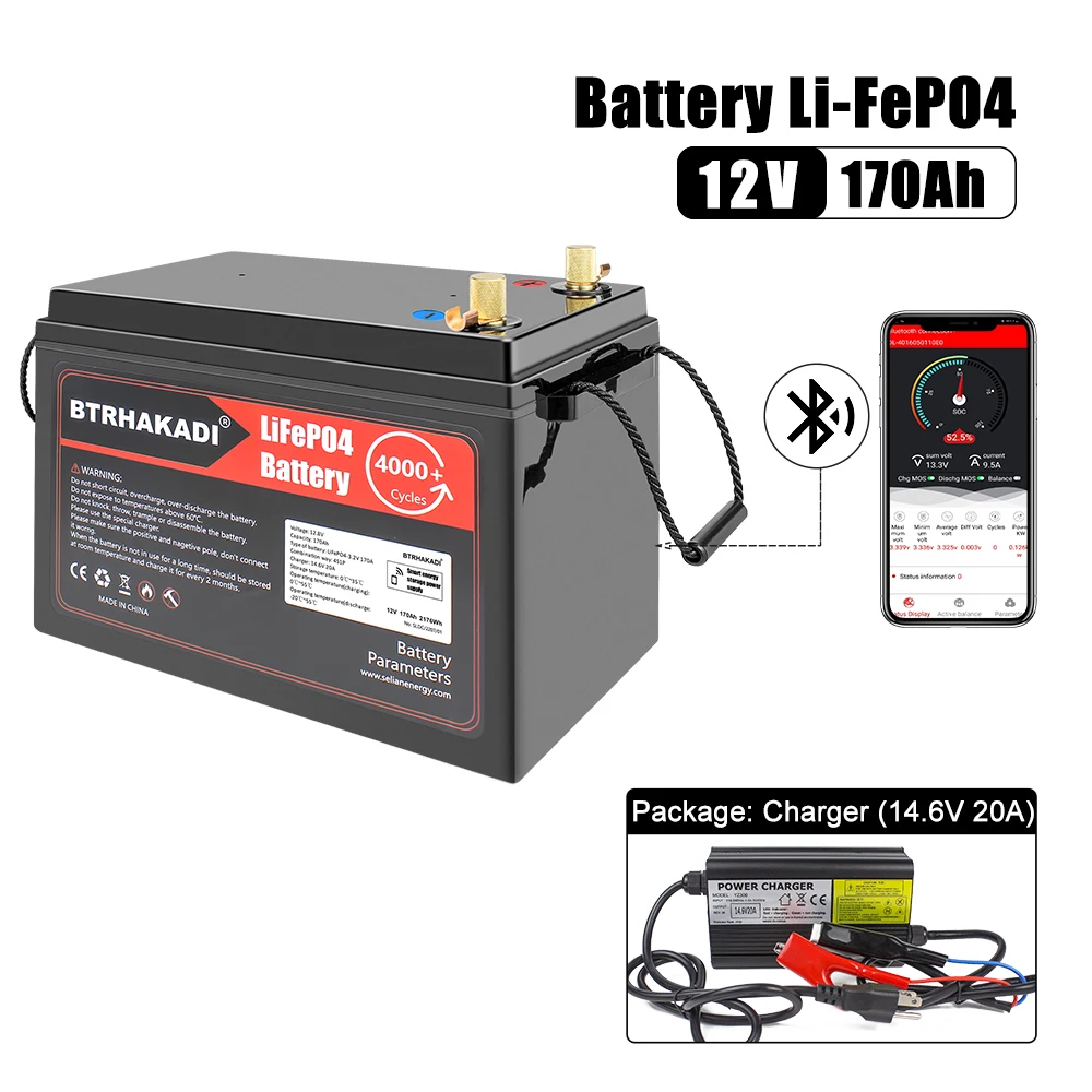 HAKADI Lifepo4 Rechargeable 12.8V 100Ah 170Ah 200Ah Battery Pack 4S1P With Build-in Smart BMS For RV Boat Solar System Camping