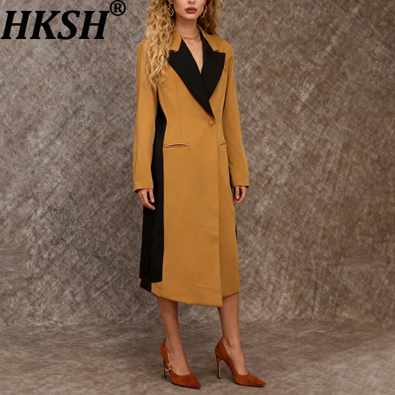 

HKSH Spring Autumn New Women Long Trench Coat Notched Collar Patchwork Color Block Single Button Versatile Elegant Trend HK16276