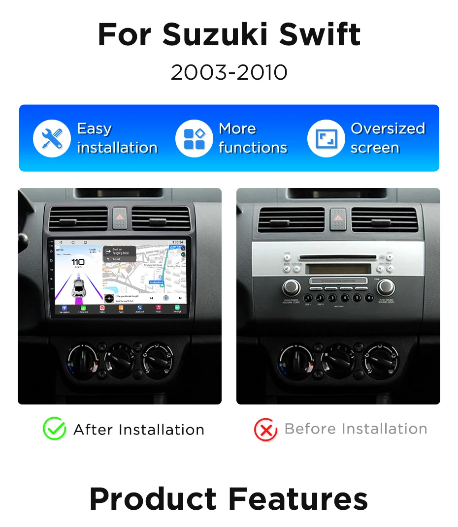Junsun 360° ° Panorama Kamera Auto Radio Für Suzuki SWIFT 2003-2010 Drahtlose CarPlay Bildschirm Android Auto Stereo GPS Navi RDS BT – Detail 2
