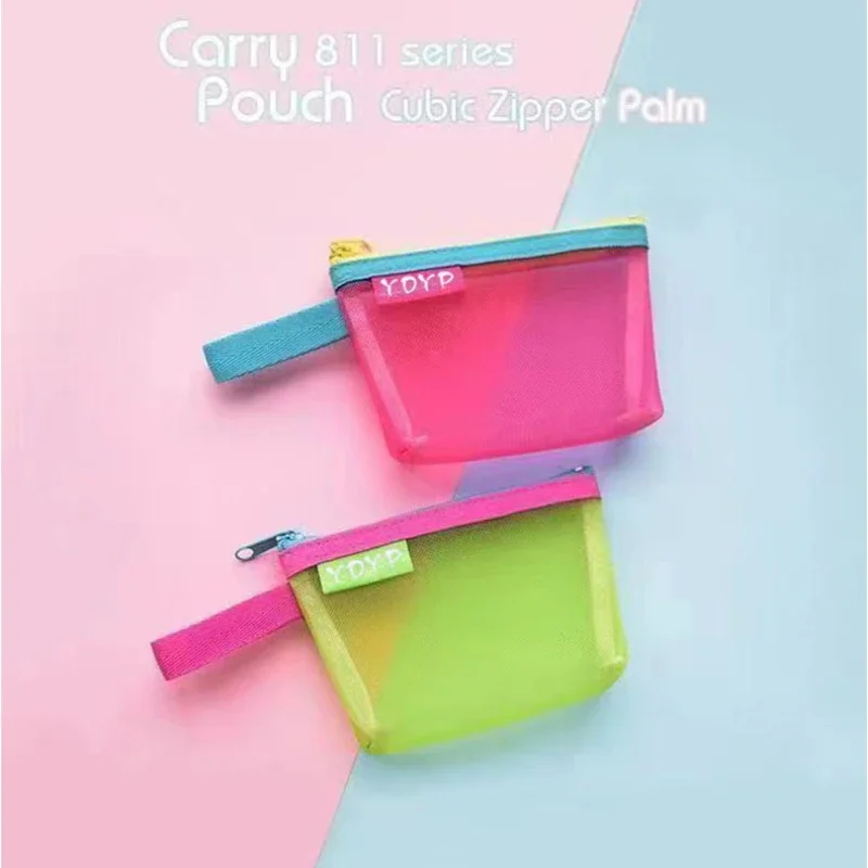 New Colorblock Mini Cute Nylon Mesh Cosmetic Bag Makeup Bag Portable Earphone Data Cable Charger Organizer Coin Purse Pouch