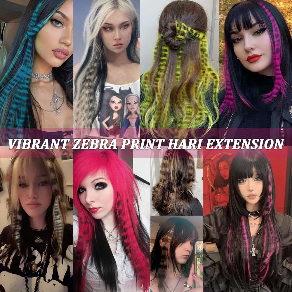 وصلات شعر ريشة ملونة 8 قطع 18 بوصة مشبك شعر مطبوع عليه شريط حيوانات على شكل قوس قزح شعر صناعي للحفلات التنكرية والمهرجانات