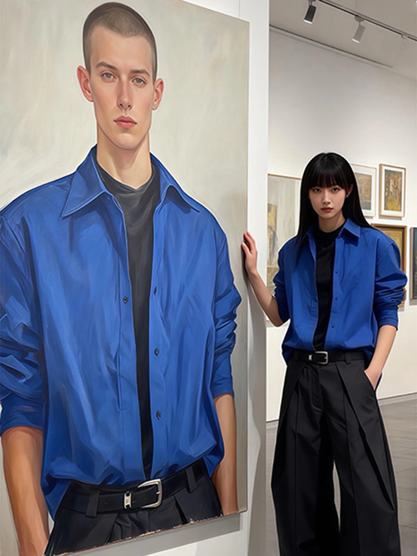 

Klein Blue Long Sve irt Men's Casual Sle Neapolitan irt Adult Feelings Spring Autumn Wear Resistant Wrinkles