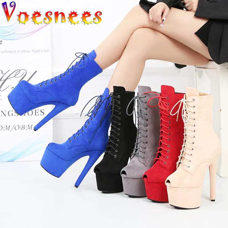 Sexy Single Boots 17CM High Heel Suede Platform Lace-Up Ankle Boots Women's Zipper Stiletto Shoes Spring Autumn Fish Mouth Pumps