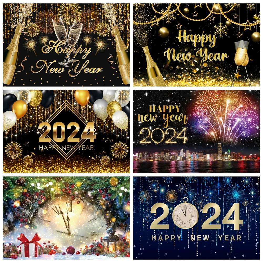 

2024 New Year Party Backdrop Decor Gold Glitter Balloons Clock Champagne Fireworks Family Portrait Photography Background Banner