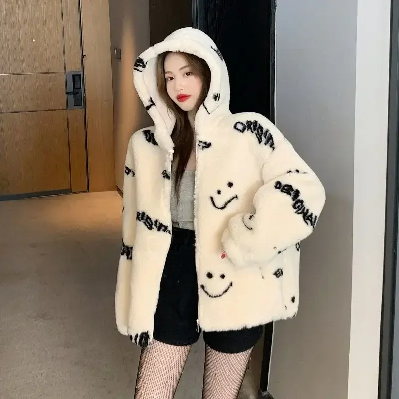 Cute Smiling Face Lamb Wool Coat Women\'s Korean Sweet Girl Cotton Coat 2023 Autumn/Winter Warm Hooded Short Jacket