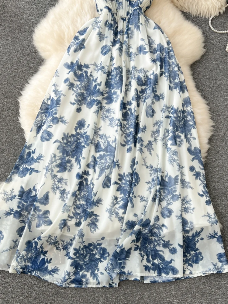 French Blue Printing Beach Long Dress Women Retro Floral Elegant Party Dresses Ladies Slim A-line Sleeveless Chiffon Long Robe