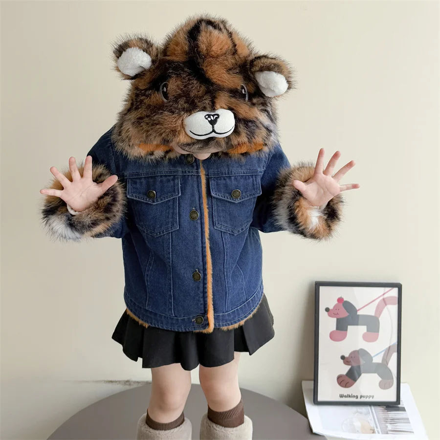 لطيف نمط الطفل الشتاء النمر الدنيم سترة مع غطاء محرك السيارة للطفل صبي الفتيات جميل صوف مبطن معطف الطفل الملابس الدافئة الدافئة 2-9Y